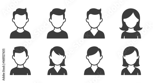 Collection of eight diverse anonymous user profile avatars representing men and women in a clean vector illustration style