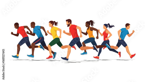 Dynamic Strides: A vivid illustration depicts a diverse group of runners in motion, their bodies stretched in mid-stride. each embodying determination and athleticism.