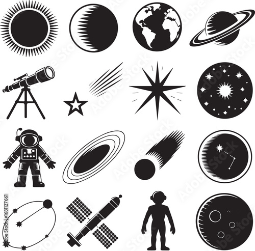 Space exploration and celestial bodies silhouette icons set astronomy galaxy