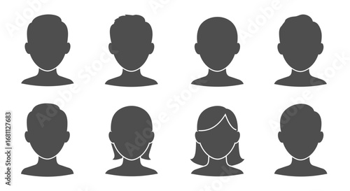 Collection of diverse silhouette avatars representing different hairstyles and genders for user profiles