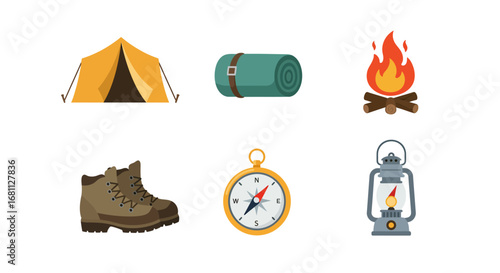 Collection of essential camping gear including a tent sleeping bag campfire hiking boot compass and lantern