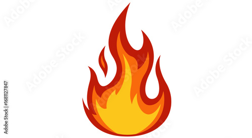 A vibrant and dynamic illustration of a stylized flame with bright orange and yellow colors on a white background