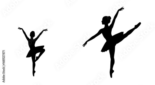 Two elegant ballet dancers in silhouette performing graceful poses on a white background
