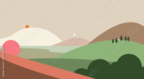 Stylized abstract landscape with rolling hills a pink orb and distant mountains under a muted sky