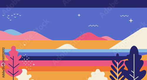 Vibrant abstract landscape with rolling hills calm water and stylized foliage under a twilight sky