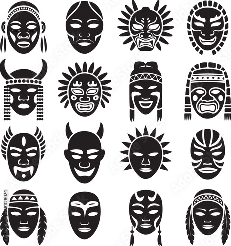 Diverse tribal and cultural masks from around the world in silhouette form Keywords