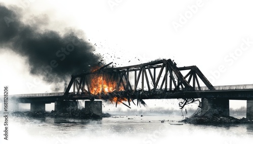 A broken bridge over the river, burning with black smoke against a white background. A damaged iron bridge