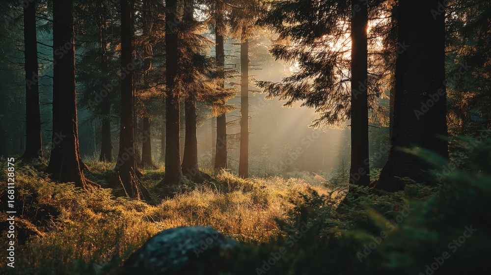 Fototapeta premium Sunlit Forest Glade: Serene Woodland Scene with Golden Light Streaming Through Evergreen Trees