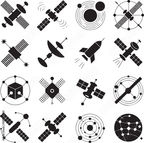 Space exploration and technology icons featuring satellites rockets and celestial bodies