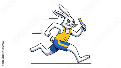 Rabbit in the Relay Race: A determined rabbit cartoon character, embodies speed and focus as it races forward in a relay competition, holding a baton