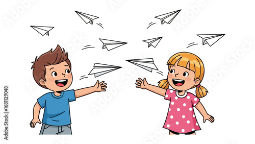 Soaring Imagination: Two children joyfully launch paper airplanes, their faces alight with the pure joy of play, capturing the carefree spirit of childhood.