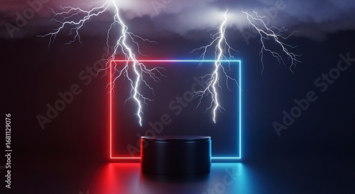 Lightning Strikes on Neon-Framed Pedestal in Dark, Atmospheric Setting.