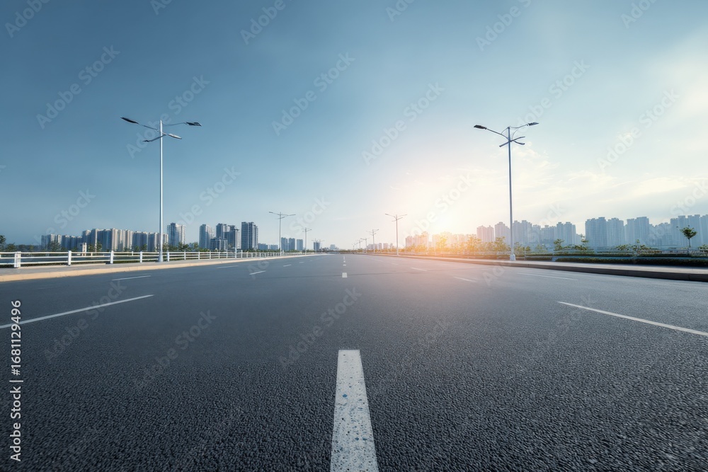 Fototapeta premium Cityscape Highway at Sunset: Modern Urban Road with Skyline, Asphalt Surface, and Bright Sunlight