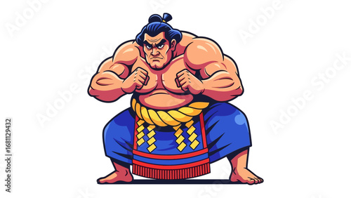 Sumo Wrestler in Ready Stance: An illustrative depiction of a powerful sumo wrestler in a battle-ready pose, capturing strength and traditional Japanese culture.