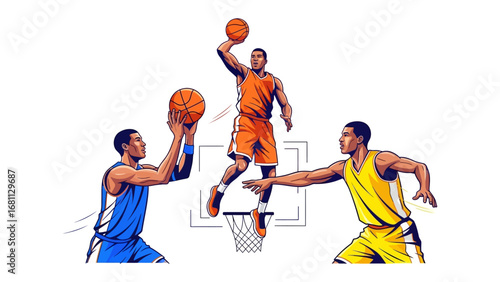 Basketball Action: Capturing the dynamic spirit of a basketball match, a trio of players engage in a thrilling competition, illustrating the intensity of sportsmanship.