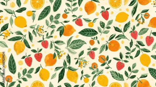 Summer Fruit and Leaves. bright and fresh seamless pattern featuring various summer fruits (lemons, oranges, strawberries) and tropical leaves. The illustrations are stylized and clean