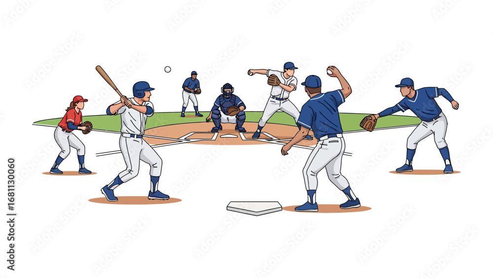 Obraz premium Baseball Game in Action: A dynamic illustration of a baseball game in full swing, with players strategically positioned. Capturing the essence of this team sport, featuring the pitcher's throw.