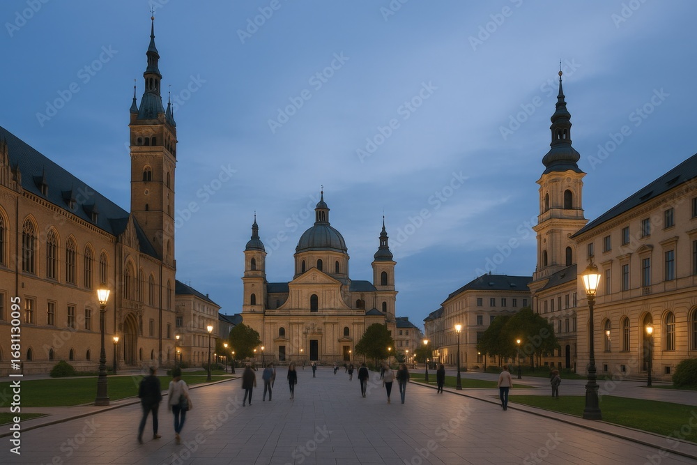 Fototapeta premium Illuminated Basilica in Europe at Dusk: Majestic Architecture and Urban Landscape Scenery