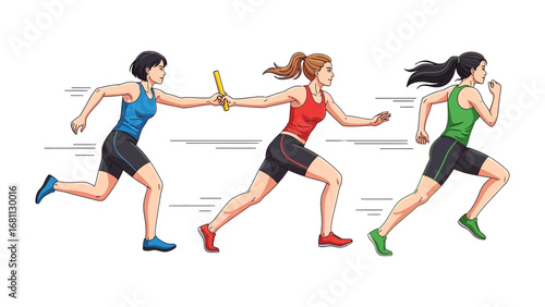Relay Race: Illustrative view of a relay race in progress, depicting runners in motion, the baton symbolizing teamwork and the thrill of competition.