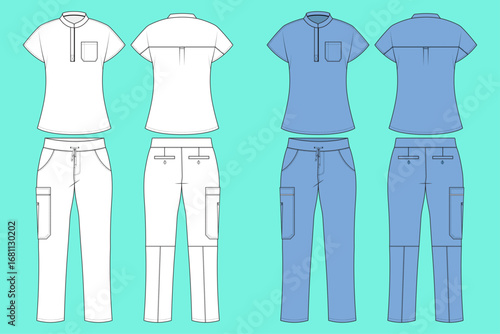 Medical Scrub Uniform Colourway Set Fashion Flat Sketch Technical Drawing CAD Mockup Outline.