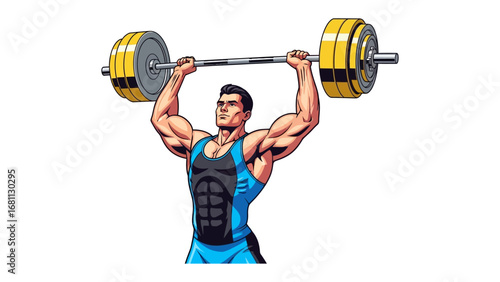 Barbell Strength: A strong athlete demonstrates power and resolve as he lifts a heavy barbell high overhead, showcasing the intensity of weight training and the pursuit of physical excellence.