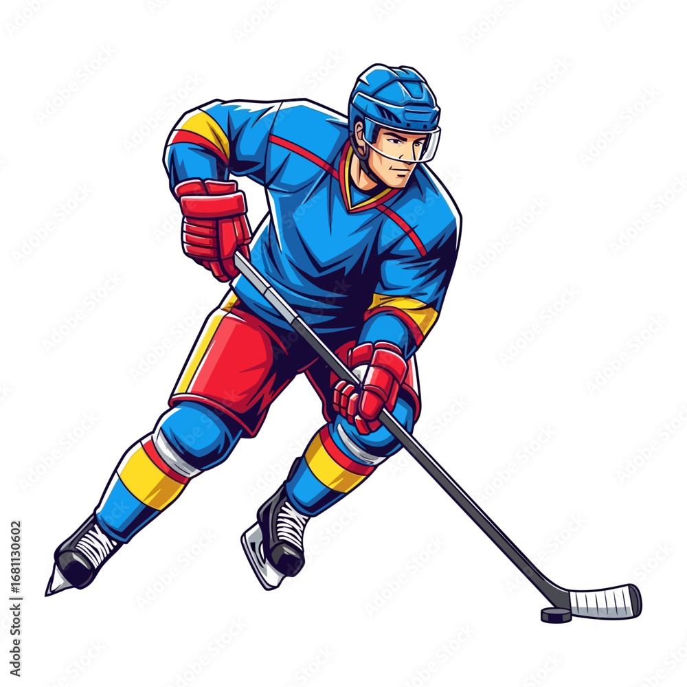 Obraz premium Ice Hockey Player in Action: A dynamic illustration captures a focused ice hockey player in full stride, expertly wielding his stick as he moves with speed and agility across the rink.