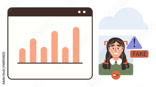 Bar chart in browser window linked to deepfake detection system indicating a face scan, Fake alert, and warning icon. Ideal for technology, AI, cybersecurity, big data, analytics, automation