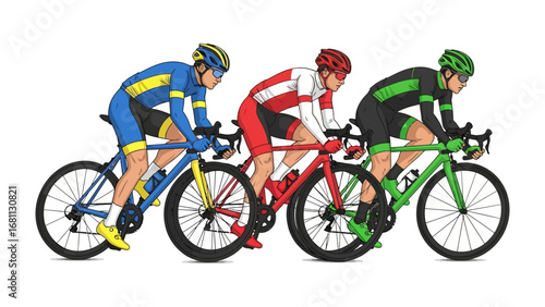 Cycling Trio: Three cyclists are locked in intense competition, sprinting with focused determination on sleek racing bicycles. The image portrays speed, endurance, and the thrill of the race. 