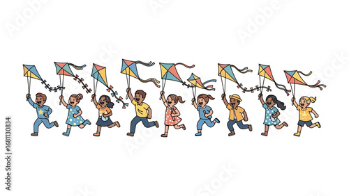 Kite Flying Children: A joyful illustration depicts a diverse group of children running and flying kites. Capturing the thrill and wonder of childhood.