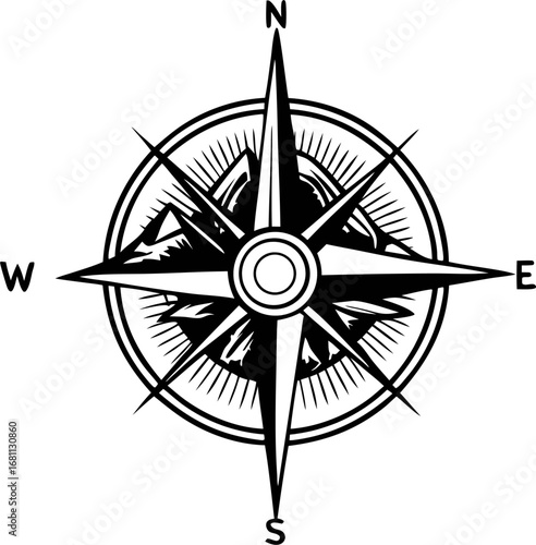 Black and white compass rose with mountain illustration in the center and cardinal directions isolated on white background