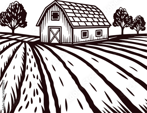 Rustic barn surrounded by plowed farmland and trees in hand drawn black and white illustration