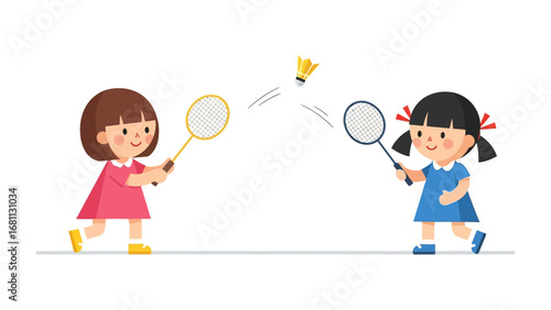 Shuttlecock Serenade: Two animated girls engage in a spirited badminton match, their rackets poised to strike the yellow shuttlecock, a vibrant display of childhood energy and athletic grace.