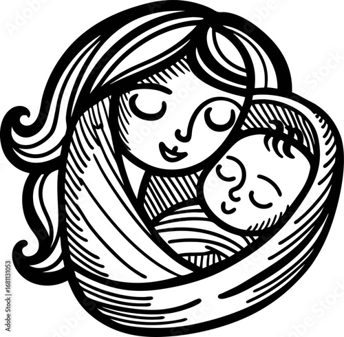 Mother lovingly holding swaddled baby in arms black and white hand drawn illustration with heartwarming expression