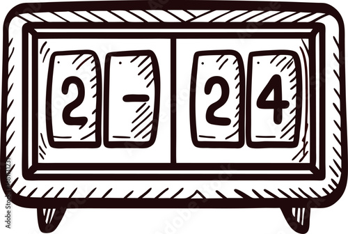 Hand drawn retro flip clock displaying twenty four hours in vintage engraving illustration