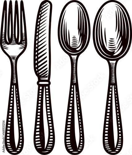 Hand drawn vintage cutlery illustration featuring fork, knife, and two spoons retro engraved tableware isolated on white