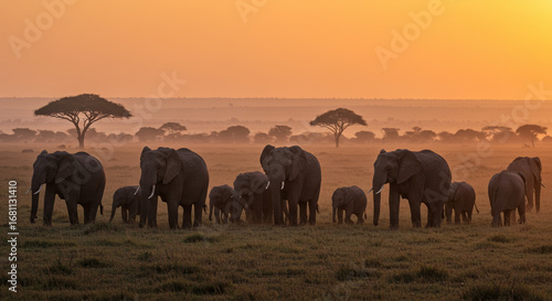 Panoramic view of a large herd of African elephants with their calves traversing the misty savanna during a spectacular golden sunrise