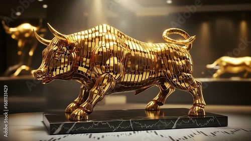 Golden bull sculpture on a marble base with stock market chart