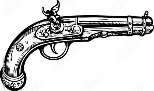 Antique flintlock pistol sketch in black and white vintage hand drawn illustration of historical firearm
