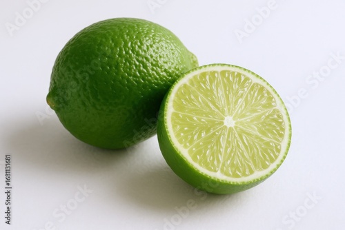 Fresh Green Limes: Whole and Halved Citrus Fruit on White Background for Food Photography