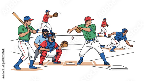 Dynamic Baseball Play: A lively baseball scene unfolds, showcasing players in action – the pitcher, batter, catcher, and base runner – captured with striking detail