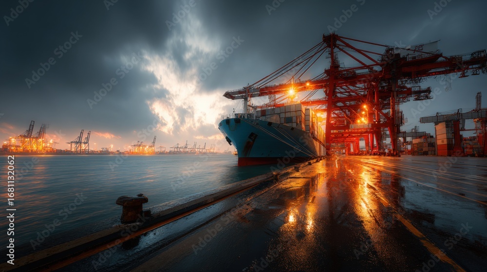 Obraz premium Container Ship at Port Terminal During Stormy Weather, Showcasing Global Trade and Logistics