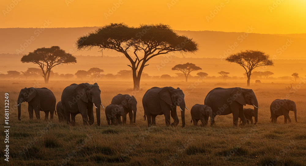 Fototapeta premium A majestic herd of African elephants with their calves walking across the savanna during a beautiful, hazy golden sunrise