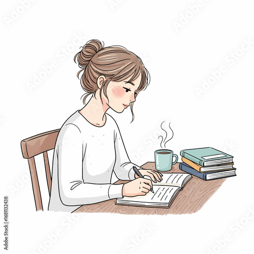 Young Woman Journaling Cozy Illustration