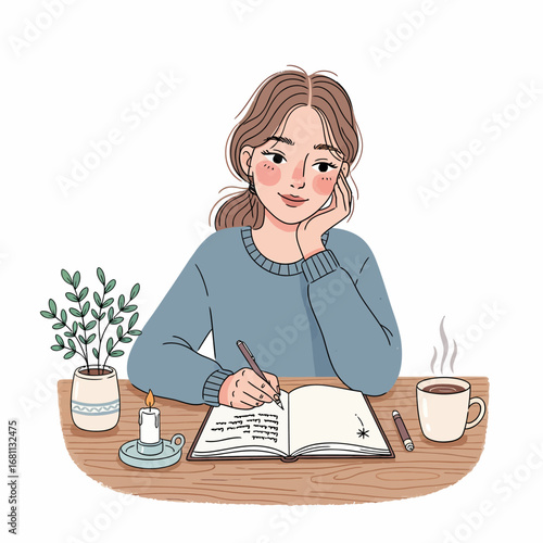 Young Woman Journaling Cozy Illustration
