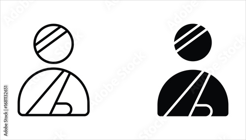 Injured man in bandage icon set. Simple outline style. Broken arm,Vector illustration isolated on white background. Editable stroke EPS 10.