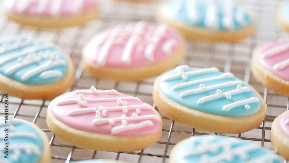 Fototapeta premium Closeup of easter cookies with pastel icing and sprinkles, showcasing their intricate decorations and festive colors, perfect for a holiday treat