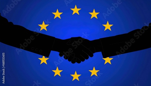 A handshake silhouette against a blue background with yellow stars, symbolizing unity and cooperation, possibly representing the European Union.