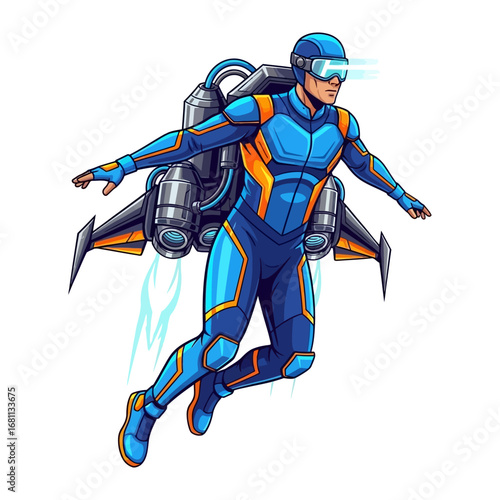 Futuristic Flyer: A vibrant illustration of a futuristic figure soaring through the air with a sleek jetpack and high-tech visor, embodying the spirit of innovation and adventure.