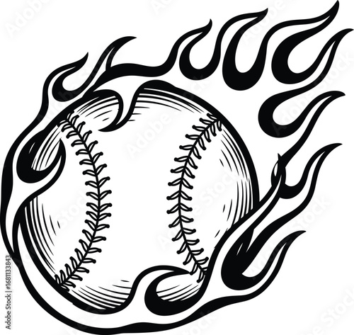 A black and white illustration of a baseball engulfed in flames with detailed stitching and linework