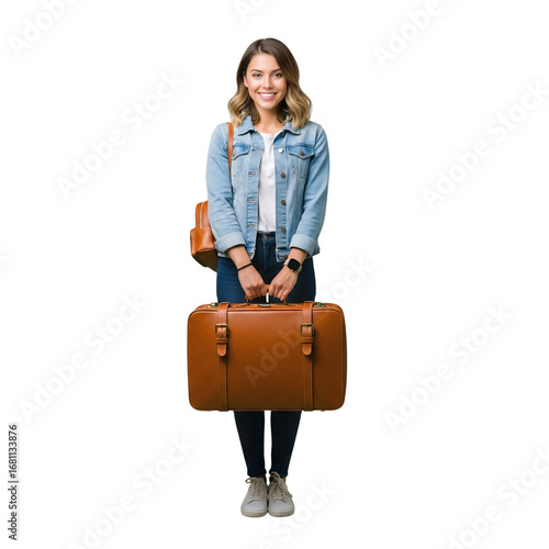 Smiling woman in denim jacket holding vintage suitcase isolated on transparent background